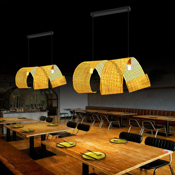 Lámpara colgante de isla de 2/3 luces tradicional japonesa rectangular redonda de bambú tejido para comedor 
