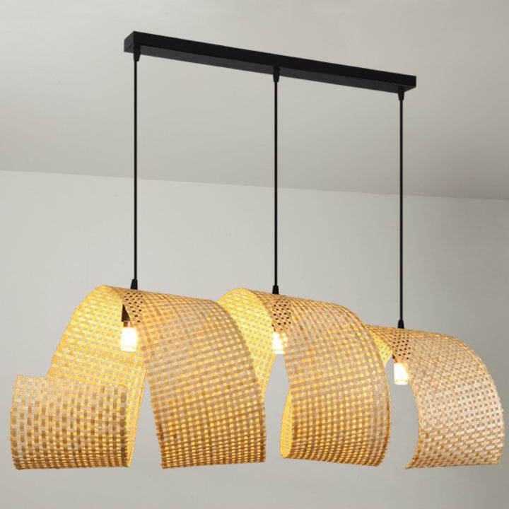 Lámpara colgante de isla de 2/3 luces tradicional japonesa rectangular redonda de bambú tejido para comedor 