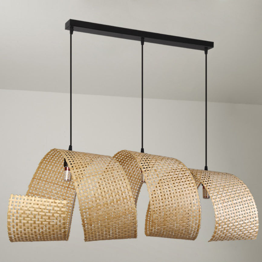 Lámpara colgante de isla de 2/3 luces tradicional japonesa rectangular redonda de bambú tejido para comedor 