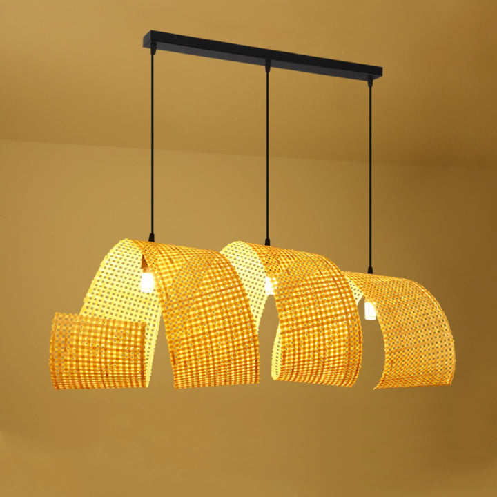 Lámpara colgante de isla de 2/3 luces tradicional japonesa rectangular redonda de bambú tejido para comedor 