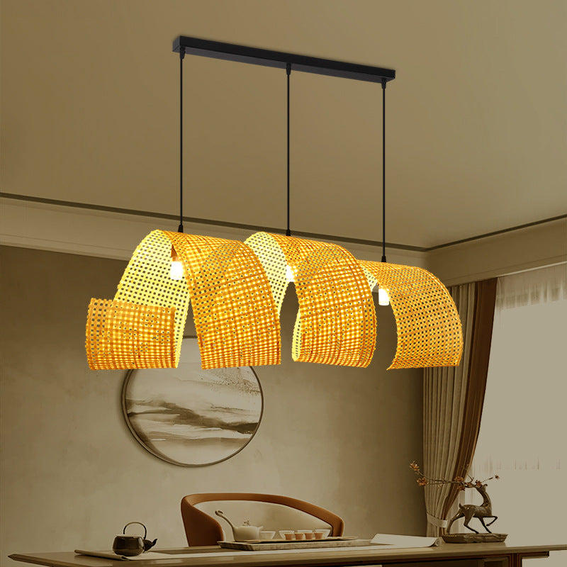Lámpara colgante de isla de 2/3 luces tradicional japonesa rectangular redonda de bambú tejido para comedor 