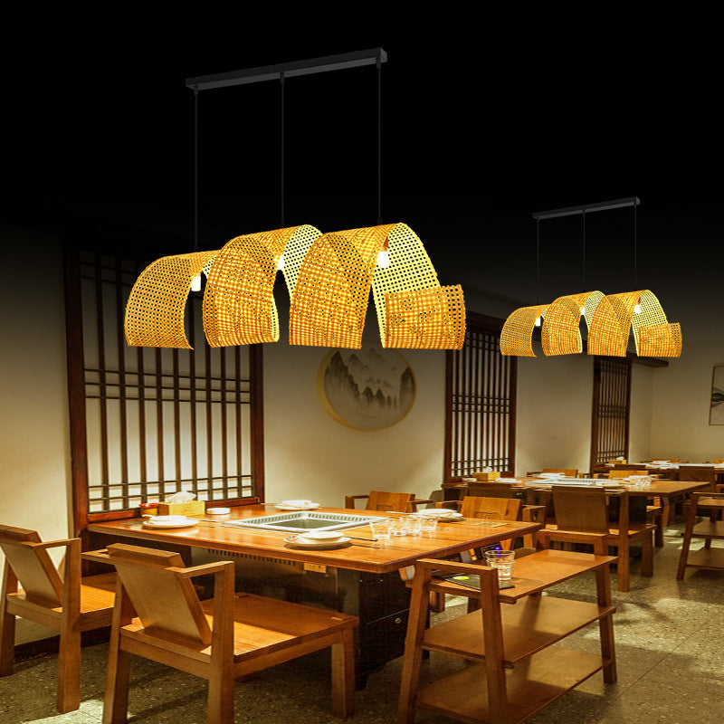 Lámpara colgante de isla de 2/3 luces tradicional japonesa rectangular redonda de bambú tejido para comedor 