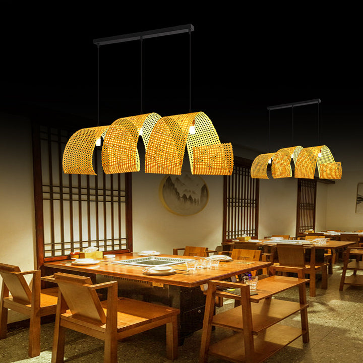 Lámpara colgante de isla de 2/3 luces tradicional japonesa rectangular redonda de bambú tejido para comedor 