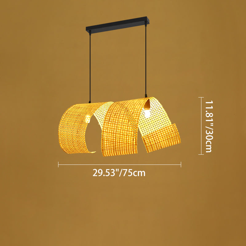 Lámpara colgante de isla de 2/3 luces tradicional japonesa rectangular redonda de bambú tejido para comedor 