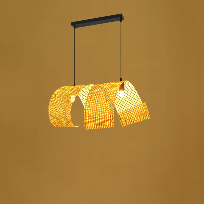 Lámpara colgante de isla de 2/3 luces tradicional japonesa rectangular redonda de bambú tejido para comedor 