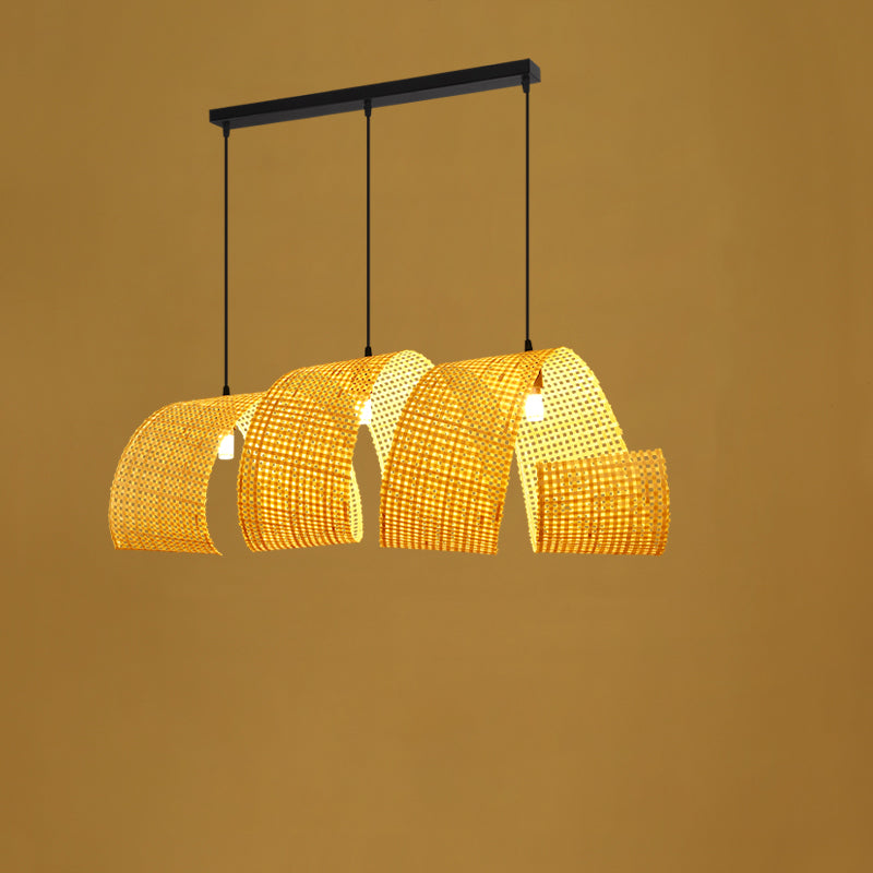 Lámpara colgante de isla de 2/3 luces tradicional japonesa rectangular redonda de bambú tejido para comedor 