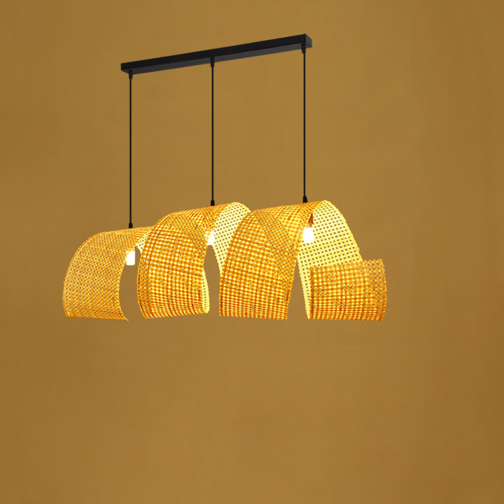 Lámpara colgante de isla de 2/3 luces tradicional japonesa rectangular redonda de bambú tejido para comedor 