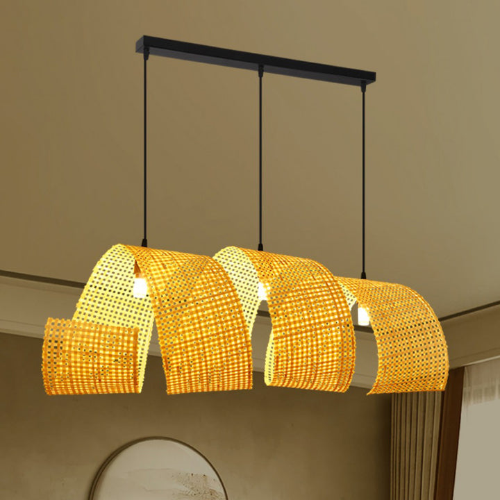 Lámpara colgante de isla de 2/3 luces tradicional japonesa rectangular redonda de bambú tejido para comedor 