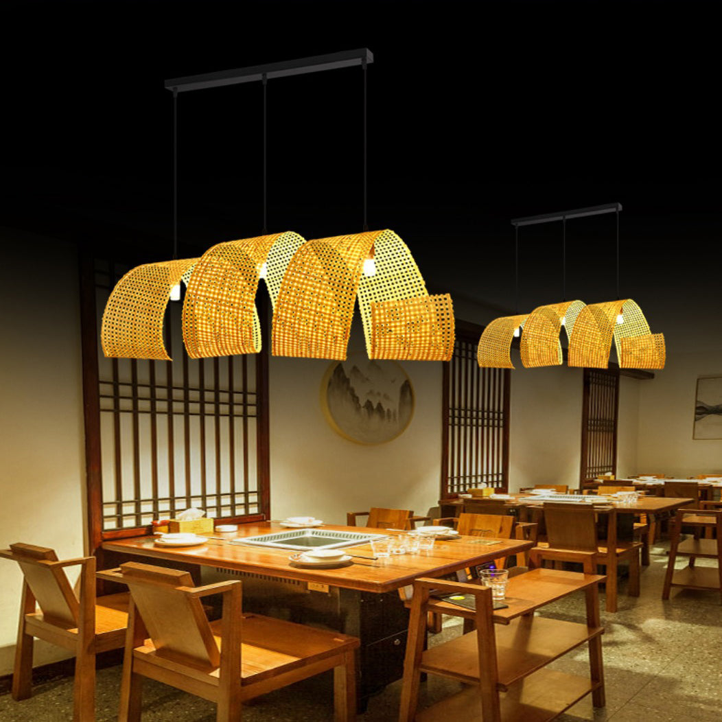 Lámpara colgante de isla de 2/3 luces tradicional japonesa rectangular redonda de bambú tejido para comedor 