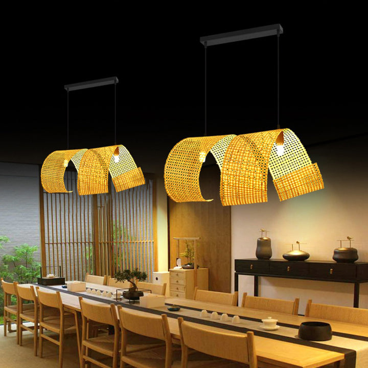 Lámpara colgante de isla de 2/3 luces tradicional japonesa rectangular redonda de bambú tejido para comedor 