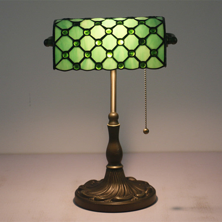 Lampe de Table Traditionnelle Tiffany Rectangle Demi-Cylindre en Verre Zingué avec Vitrail 1 Lumière pour Chambre 