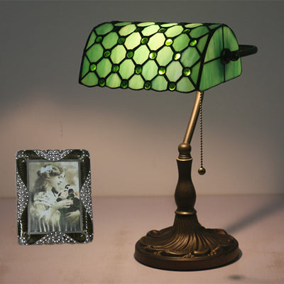 Lampe de Table Traditionnelle Tiffany Rectangle Demi-Cylindre en Verre Zingué avec Vitrail 1 Lumière pour Chambre 