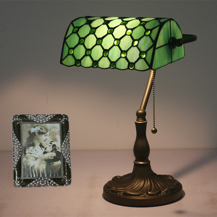 Lampe de Table Traditionnelle Tiffany Rectangle Demi-Cylindre en Verre Zingué avec Vitrail 1 Lumière pour Chambre 