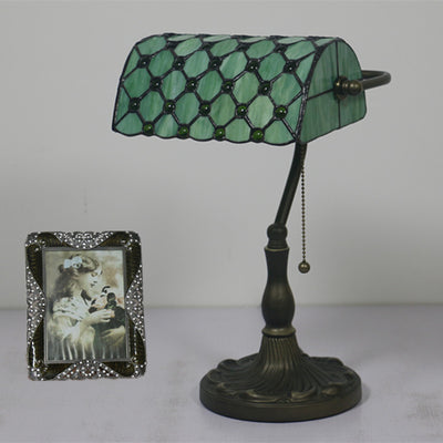 Lampe de Table Traditionnelle Tiffany Rectangle Demi-Cylindre en Verre Zingué avec Vitrail 1 Lumière pour Chambre 