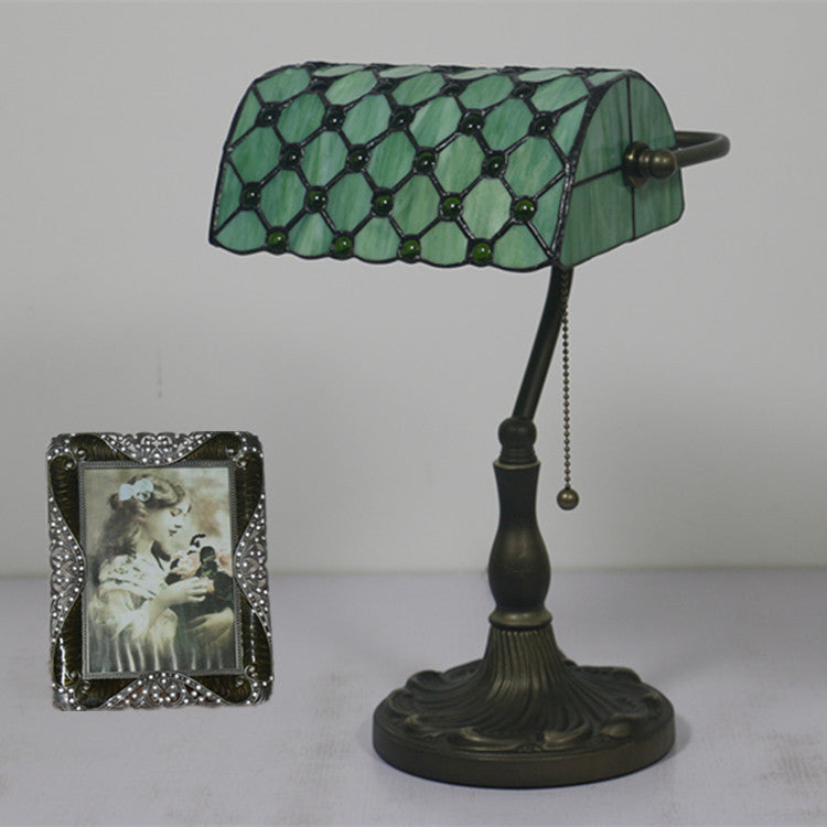 Lampe de Table Traditionnelle Tiffany Rectangle Demi-Cylindre en Verre Zingué avec Vitrail 1 Lumière pour Chambre 