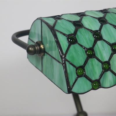 Lampe de Table Traditionnelle Tiffany Rectangle Demi-Cylindre en Verre Zingué avec Vitrail 1 Lumière pour Chambre 