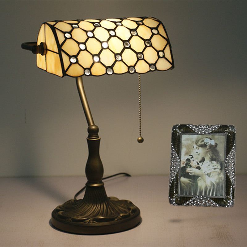 Lampe de Table Traditionnelle Tiffany Rectangle Demi-Cylindre en Verre Zingué avec Vitrail 1 Lumière pour Chambre 