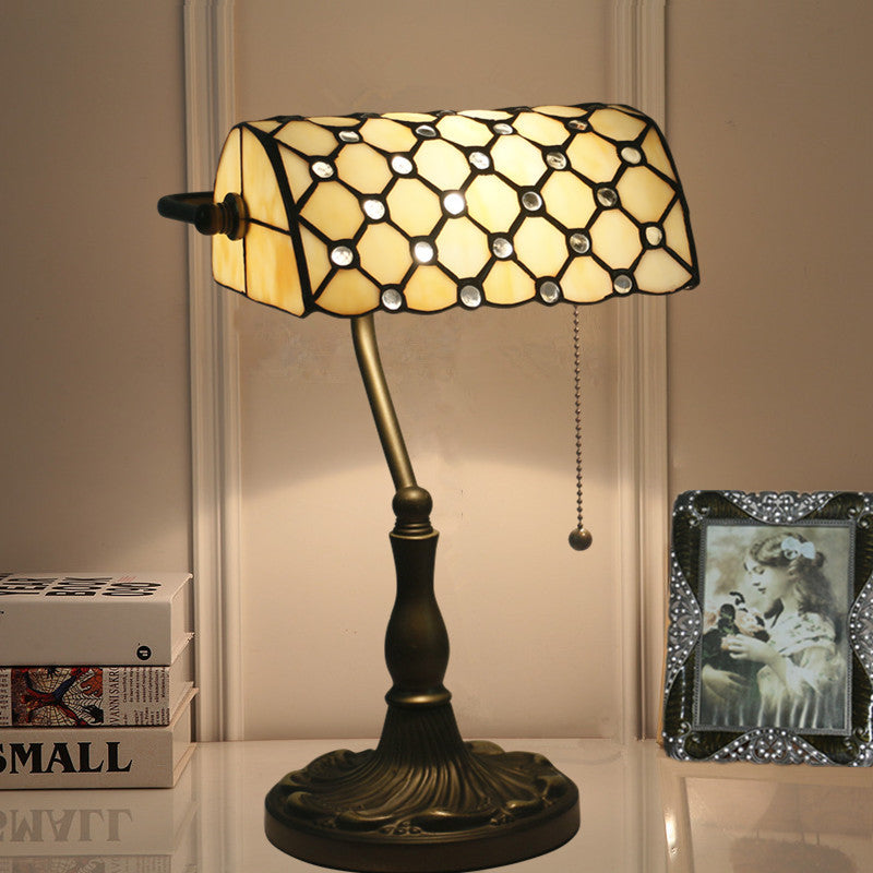 Lampe de Table Traditionnelle Tiffany Rectangle Demi-Cylindre en Verre Zingué avec Vitrail 1 Lumière pour Chambre 