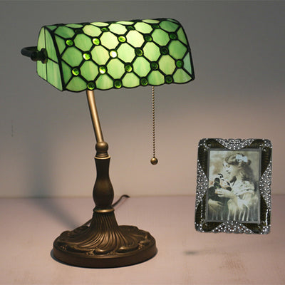 Lampe de Table Traditionnelle Tiffany Rectangle Demi-Cylindre en Verre Zingué avec Vitrail 1 Lumière pour Chambre 