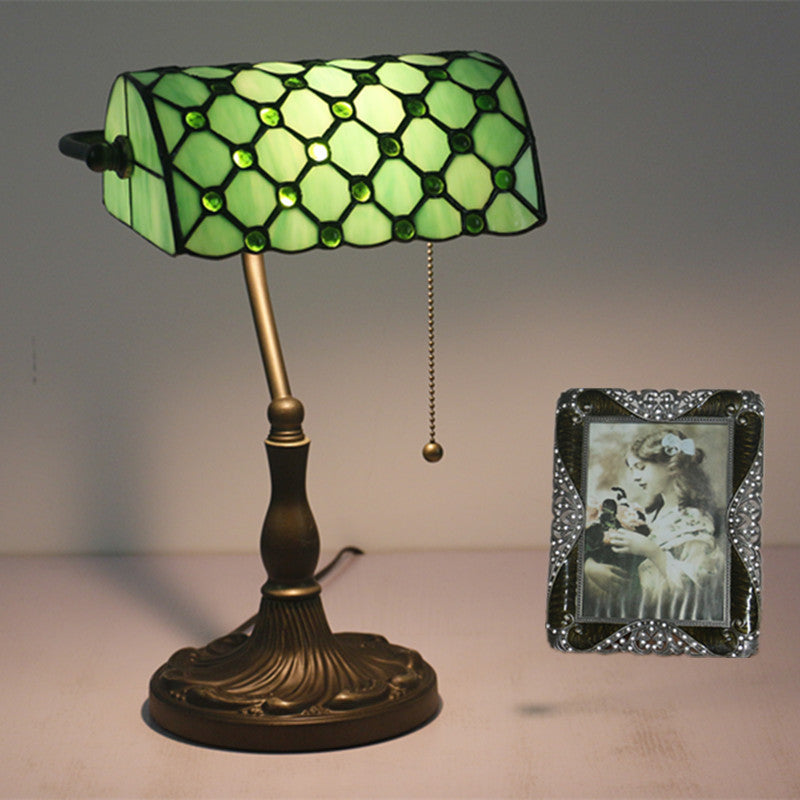Lampe de Table Traditionnelle Tiffany Rectangle Demi-Cylindre en Verre Zingué avec Vitrail 1 Lumière pour Chambre 