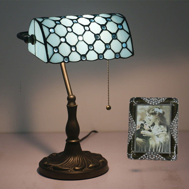 Lampe de Table Traditionnelle Tiffany Rectangle Demi-Cylindre en Verre Zingué avec Vitrail 1 Lumière pour Chambre 