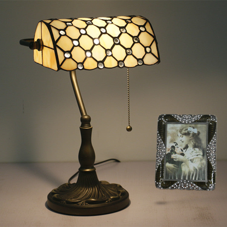 Lampe de Table Traditionnelle Tiffany Rectangle Demi-Cylindre en Verre Zingué avec Vitrail 1 Lumière pour Chambre 