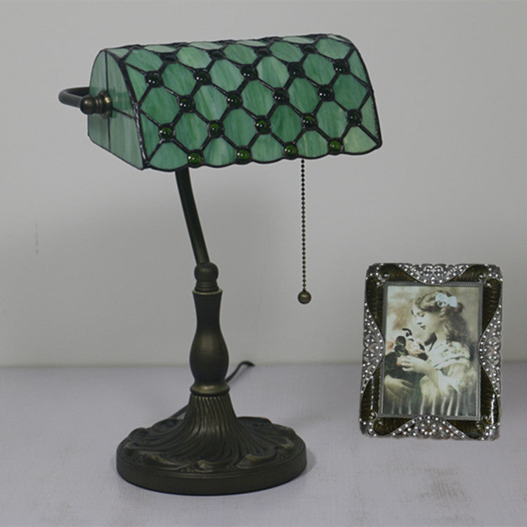 Lampe de Table Traditionnelle Tiffany Rectangle Demi-Cylindre en Verre Zingué avec Vitrail 1 Lumière pour Chambre 