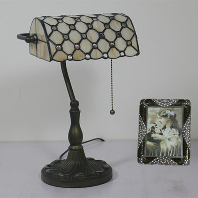 Lampe de Table Traditionnelle Tiffany Rectangle Demi-Cylindre en Verre Zingué avec Vitrail 1 Lumière pour Chambre 