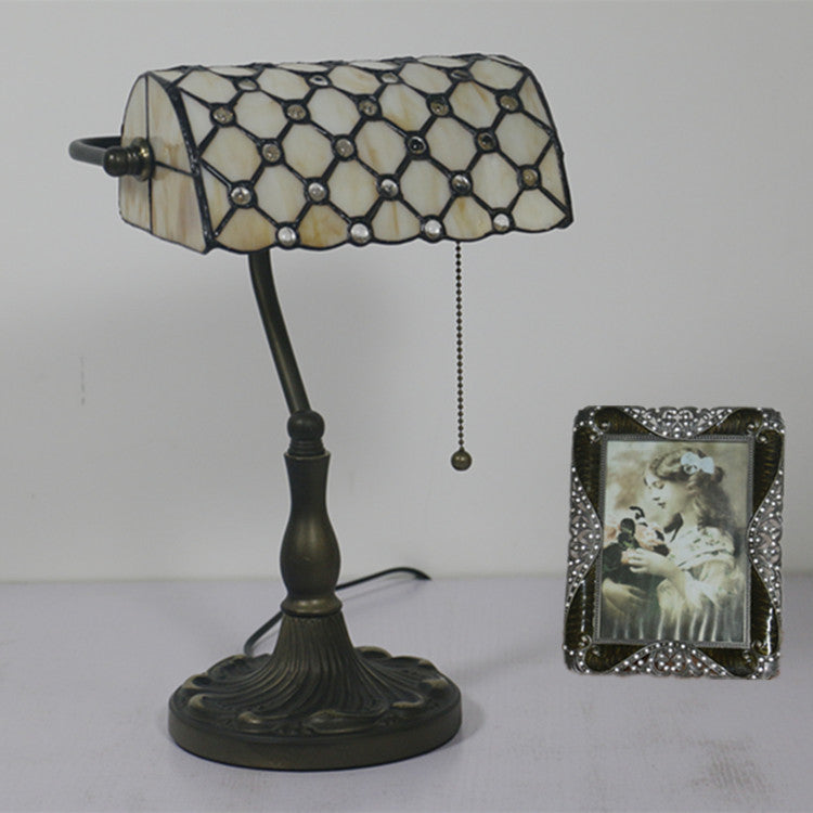 Lampe de Table Traditionnelle Tiffany Rectangle Demi-Cylindre en Verre Zingué avec Vitrail 1 Lumière pour Chambre 