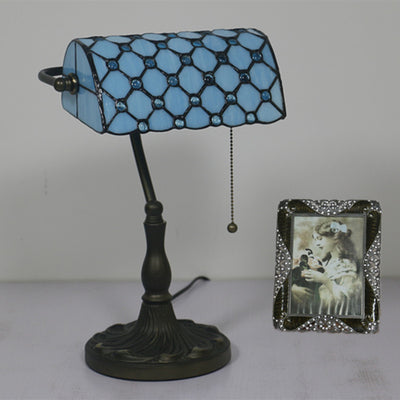 Lampe de Table Traditionnelle Tiffany Rectangle Demi-Cylindre en Verre Zingué avec Vitrail 1 Lumière pour Chambre 