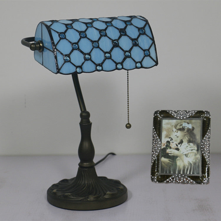 Lampe de Table Traditionnelle Tiffany Rectangle Demi-Cylindre en Verre Zingué avec Vitrail 1 Lumière pour Chambre 
