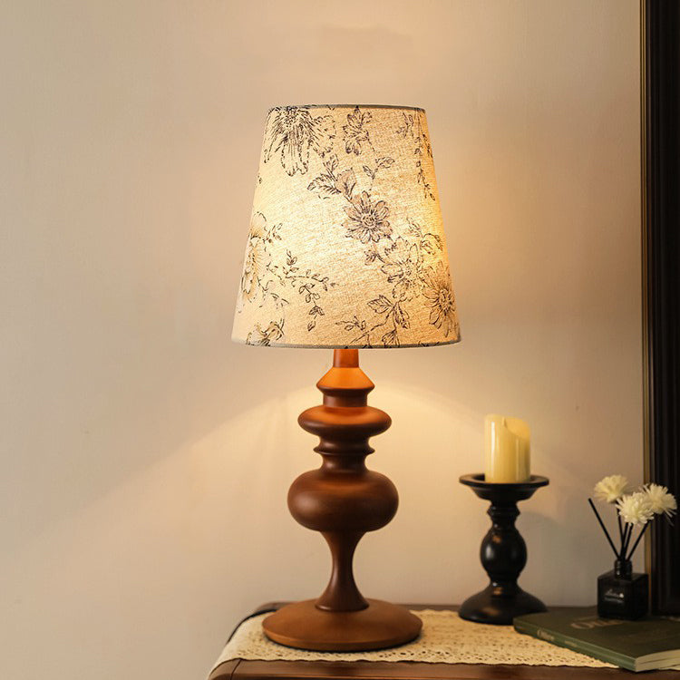 Abat-jour en tissu floral cylindrique traditionnel français Base en bois massif Lampe de table à 1 lumière pour chambre 