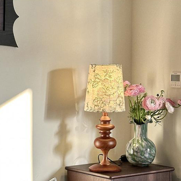 Abat-jour en tissu floral cylindrique traditionnel français Base en bois massif Lampe de table à 1 lumière pour chambre 