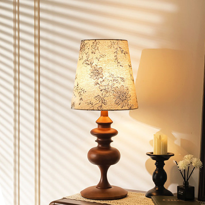 Abat-jour en tissu floral cylindrique traditionnel français Base en bois massif Lampe de table à 1 lumière pour chambre 