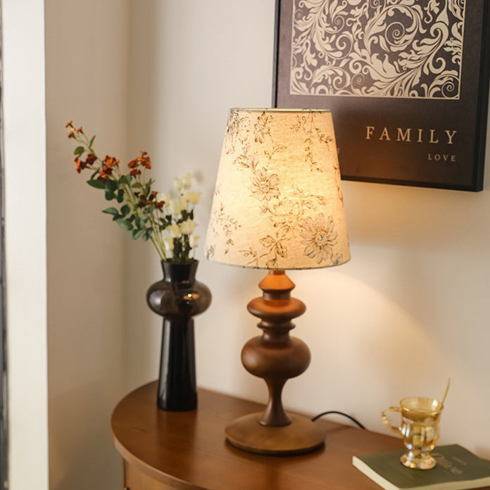 Abat-jour en tissu floral cylindrique traditionnel français Base en bois massif Lampe de table à 1 lumière pour chambre 