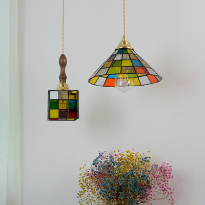 Moderne Art Deco Quadrat Kegel Rubik's Cube Form Eisen Glas 1-Licht Pendelleuchte für Wohnzimmer 