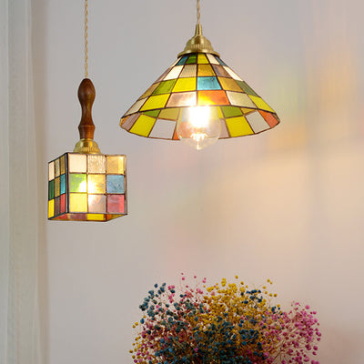 Moderne Art Deco Quadrat Kegel Rubik's Cube Form Eisen Glas 1-Licht Pendelleuchte für Wohnzimmer 