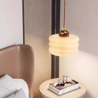 Zeitgenössische Retro Runde Blütenblatt Blumenform Holz Glas 1-Licht Pendelleuchte Für Wohnzimmer 