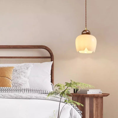 Zeitgenössische Retro Runde Blütenblatt Blumenform Holz Glas 1-Licht Pendelleuchte Für Wohnzimmer 