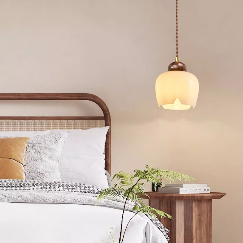 Zeitgenössische Retro Runde Blütenblatt Blumenform Holz Glas 1-Licht Pendelleuchte Für Wohnzimmer 