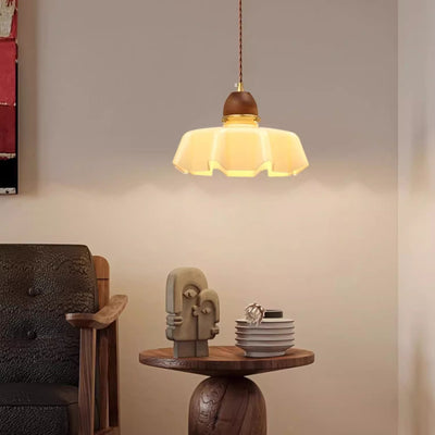 Zeitgenössische Retro Runde Blütenblatt Blumenform Holz Glas 1-Licht Pendelleuchte Für Wohnzimmer 