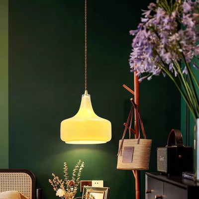 Zeitgenössische Retro Runde Blütenblatt Blumenform Holz Glas 1-Licht Pendelleuchte Für Wohnzimmer 