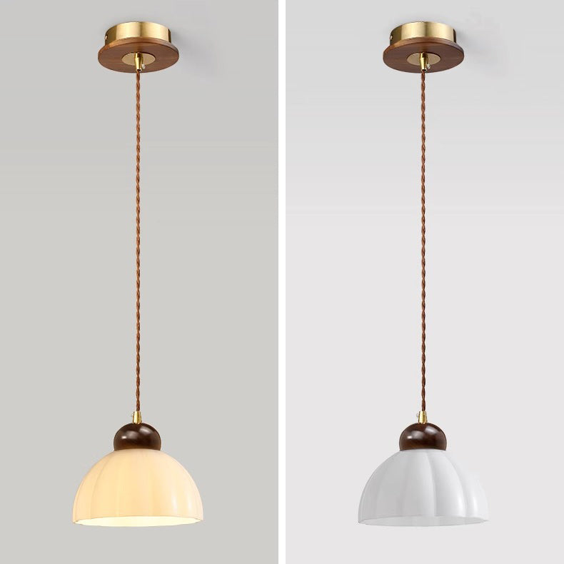 Zeitgenössische Retro Runde Blütenblatt Blumenform Holz Glas 1-Licht Pendelleuchte Für Wohnzimmer 
