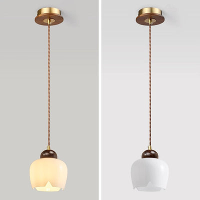 Zeitgenössische Retro Runde Blütenblatt Blumenform Holz Glas 1-Licht Pendelleuchte Für Wohnzimmer 