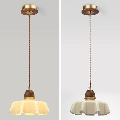 Zeitgenössische Retro Runde Blütenblatt Blumenform Holz Glas 1-Licht Pendelleuchte Für Wohnzimmer 