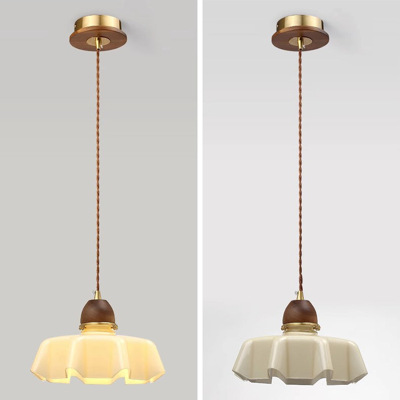Zeitgenössische Retro Runde Blütenblatt Blumenform Holz Glas 1-Licht Pendelleuchte Für Wohnzimmer 