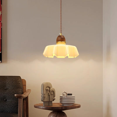 Zeitgenössische Retro Runde Blütenblatt Blumenform Holz Glas 1-Licht Pendelleuchte Für Wohnzimmer 