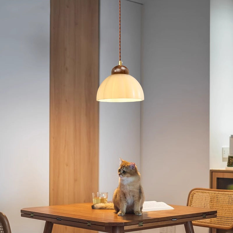 Zeitgenössische Retro Runde Blütenblatt Blumenform Holz Glas 1-Licht Pendelleuchte Für Wohnzimmer 