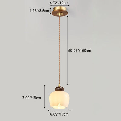 Zeitgenössische Retro Runde Blütenblatt Blumenform Holz Glas 1-Licht Pendelleuchte Für Wohnzimmer 