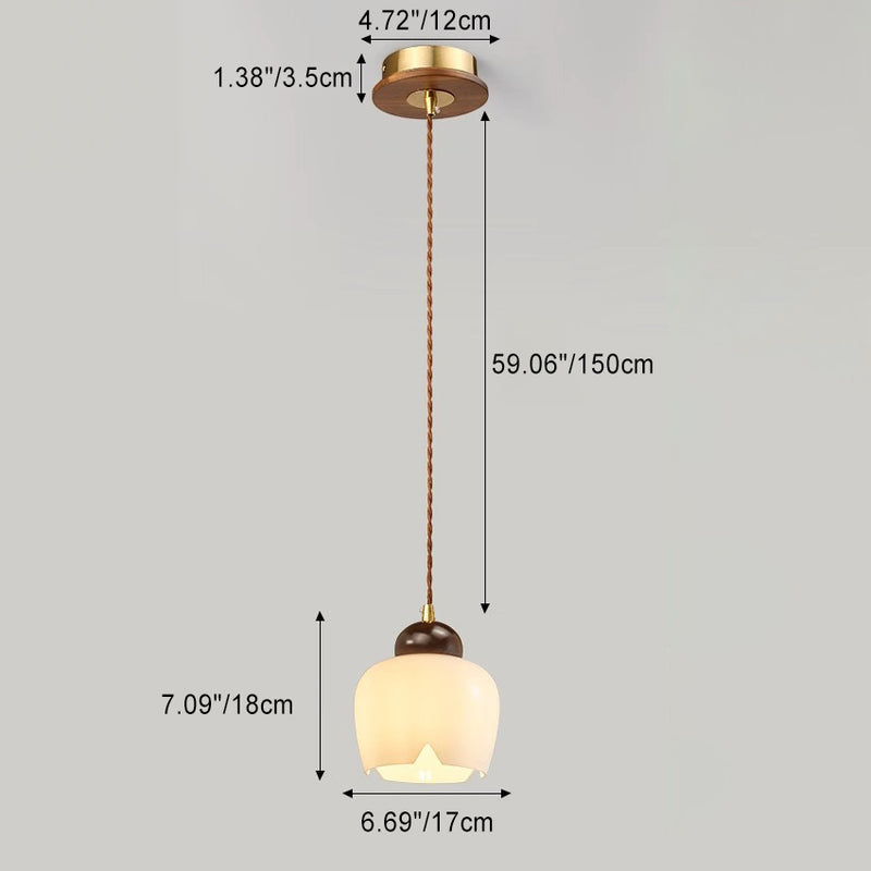 Zeitgenössische Retro Runde Blütenblatt Blumenform Holz Glas 1-Licht Pendelleuchte Für Wohnzimmer 